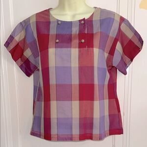 Vtg 70s/80s Koret Petites Plaid Short Sleeve Top in Lavender, Red, Tan & Pink